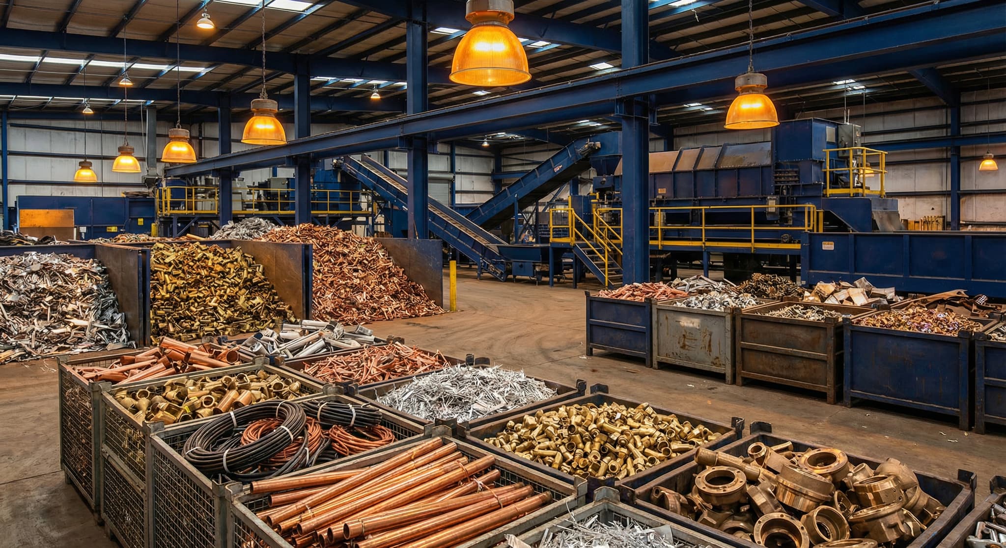 Skrzynie z rurami miedzianymi, mosiądzem i aluminium w hali