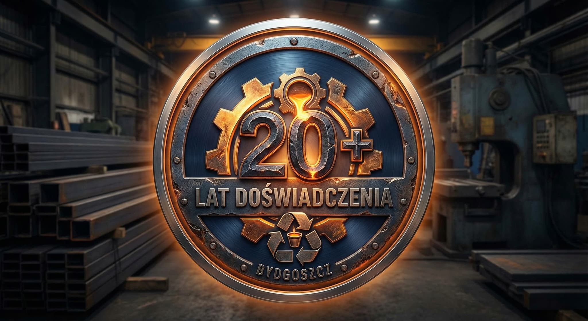 Odznaka „20+ lat doświadczenia – Bydgoszcz” w hali z profilami stalowymi