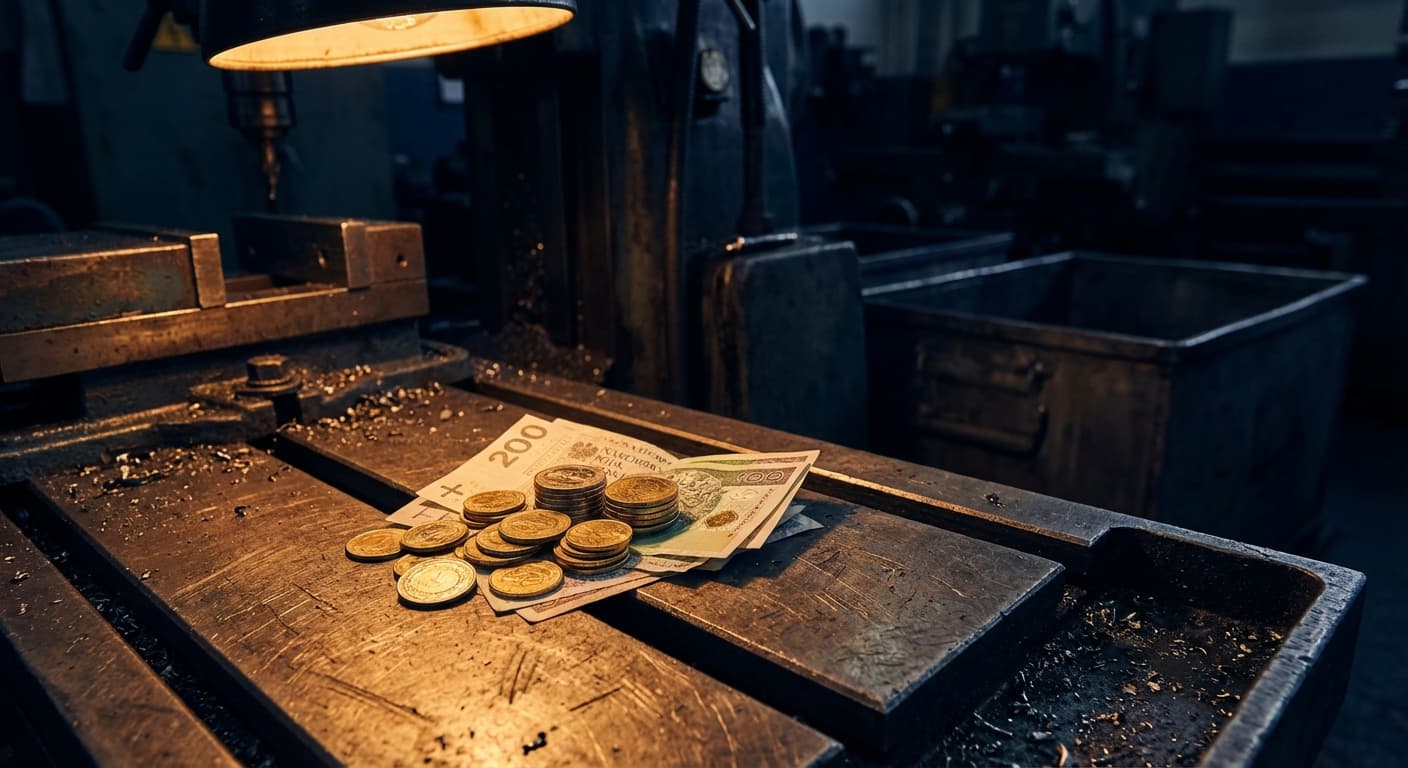 Monety i banknoty na metalowym stole warsztatowym