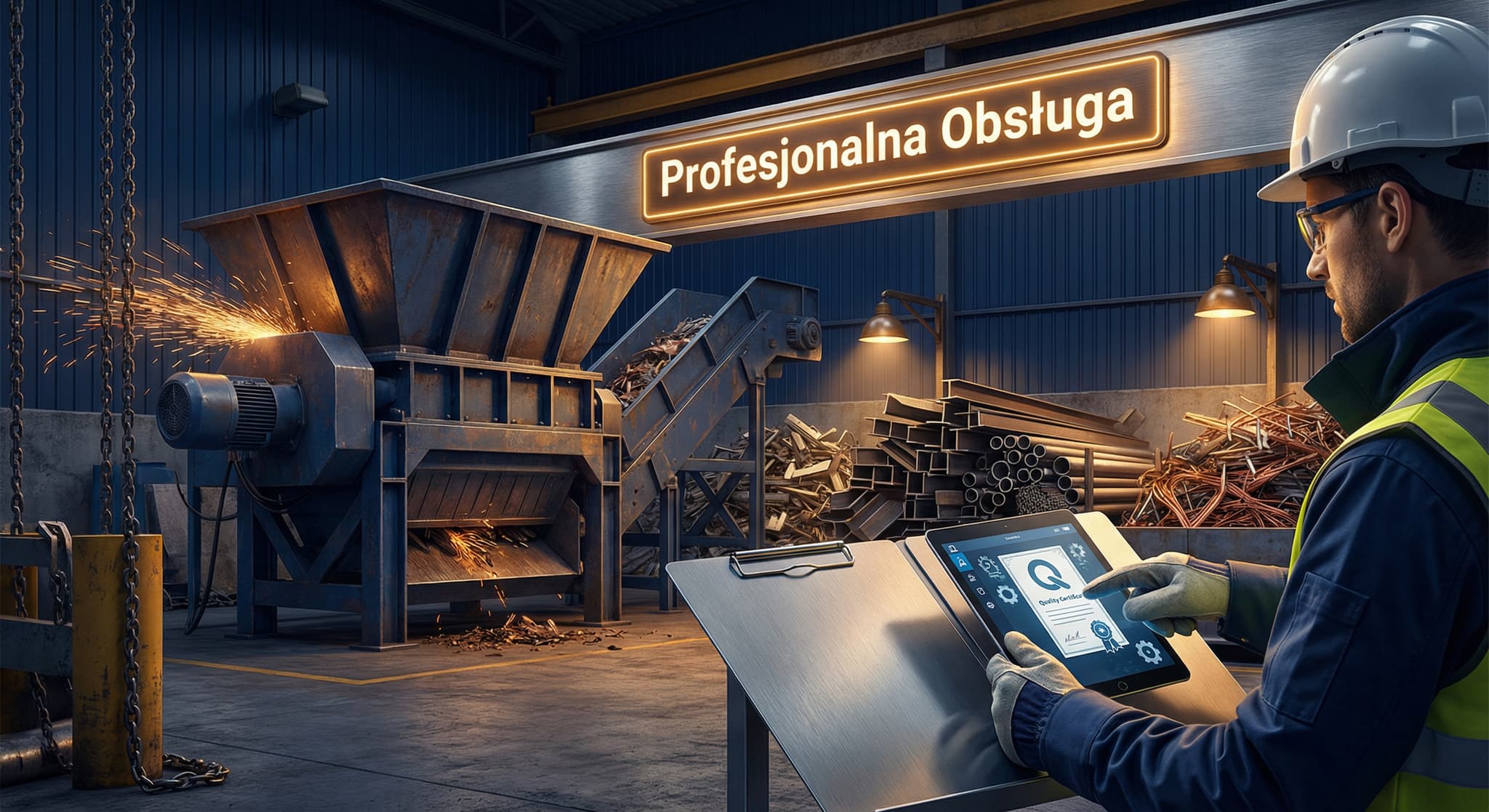 Pracownik w kasku z tabletem przy rozdrabniarce, napis „Profesjonalna obsługa”
