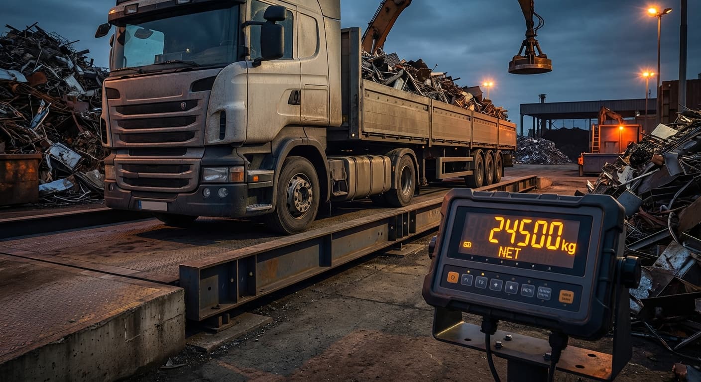 Ciężarówka ze złomem na wadze samochodowej, wyświetlacz pokazuje 24 500 kg